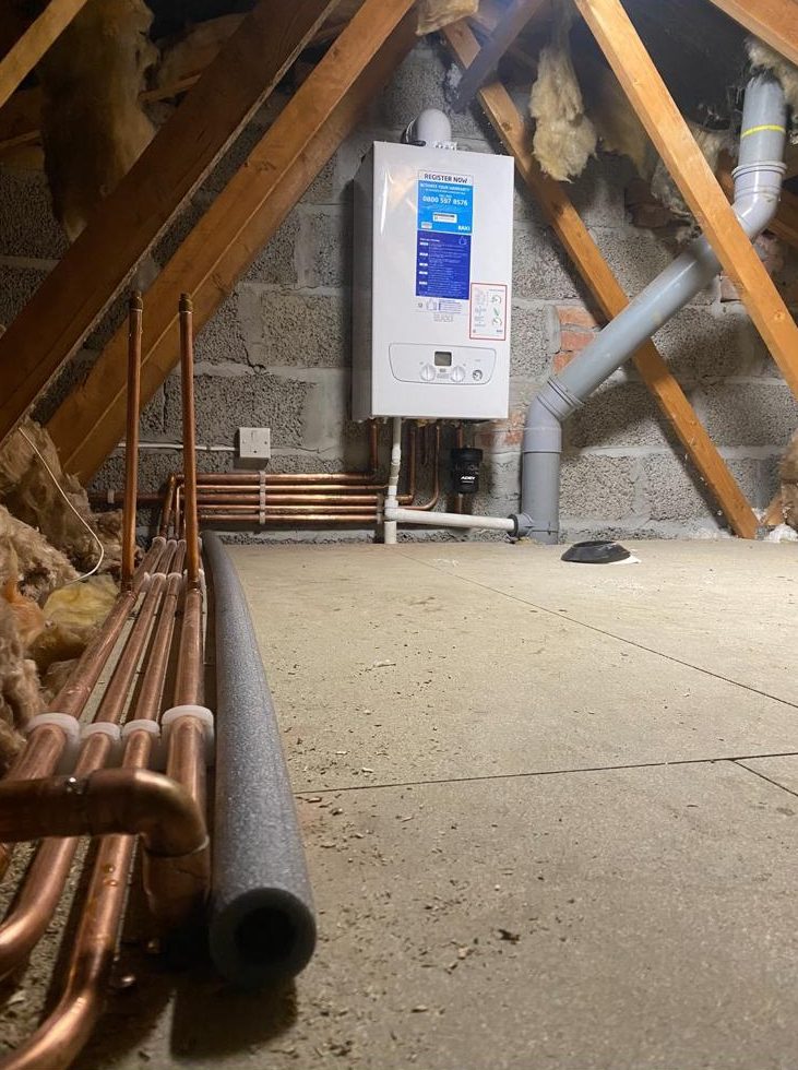 Baxi boiler installed in a loft with new pipework and condensate