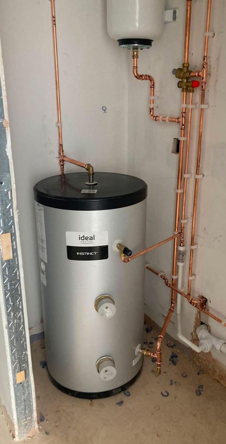 Ideal Instinct unvented hot water cylinder with new copper pipework